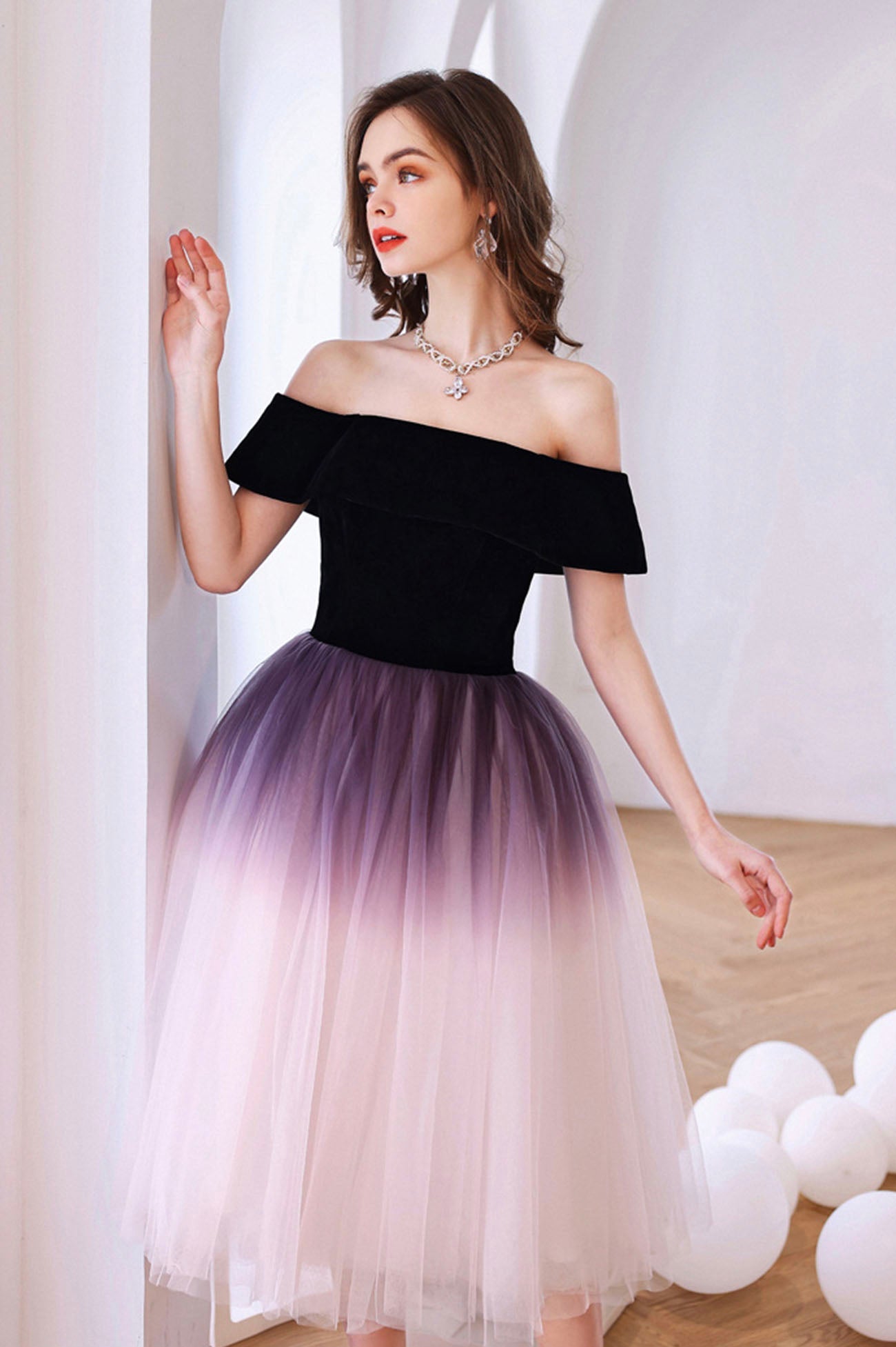 Cute Gradient Tulle Short Prom Dress Pageant Dress, Off the Shoulder Evening Party Dress