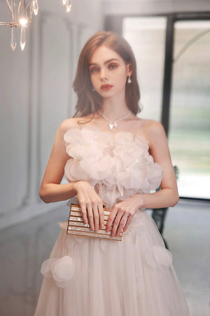 White Flowers Long A-Line Prom Dress, Strapless Evening Party Dress