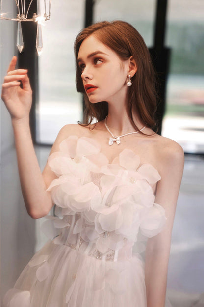 White Flowers Long A-Line Prom Dress, Strapless Evening Party Dress