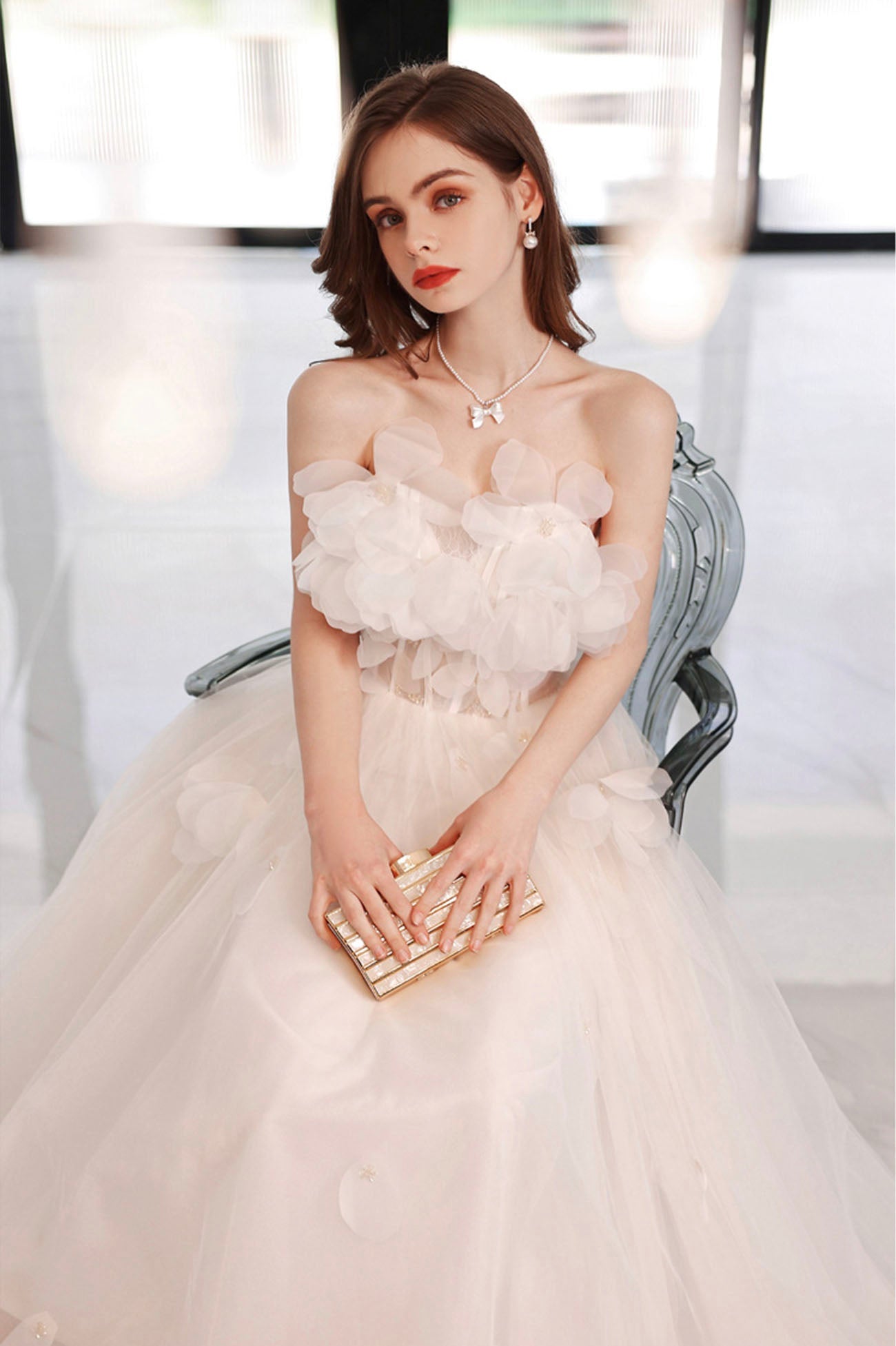 White Flowers Long A-Line Prom Dress, Strapless Evening Party Dress