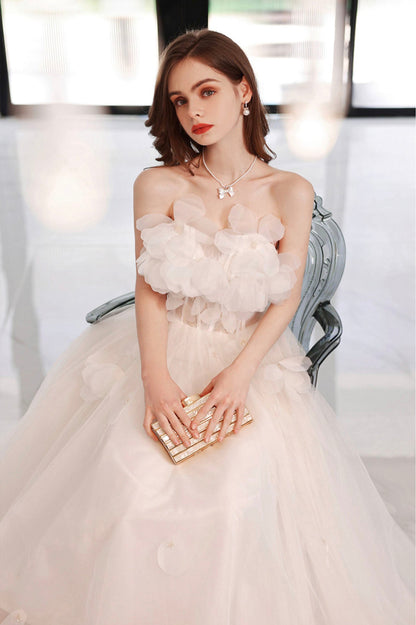 White Flowers Long A-Line Prom Dress, Strapless Evening Party Dress