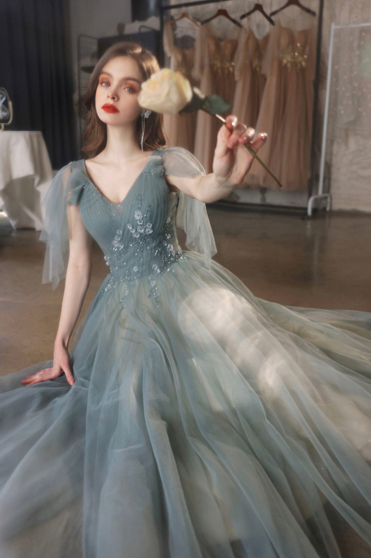 Green V-Neck Tulle Long Prom Dress, Cute A-Line Graduation Dress