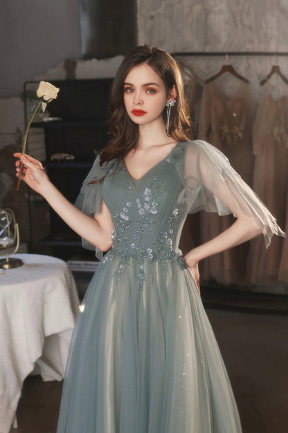 Green V-Neck Tulle Long Prom Dress, Cute A-Line Graduation Dress