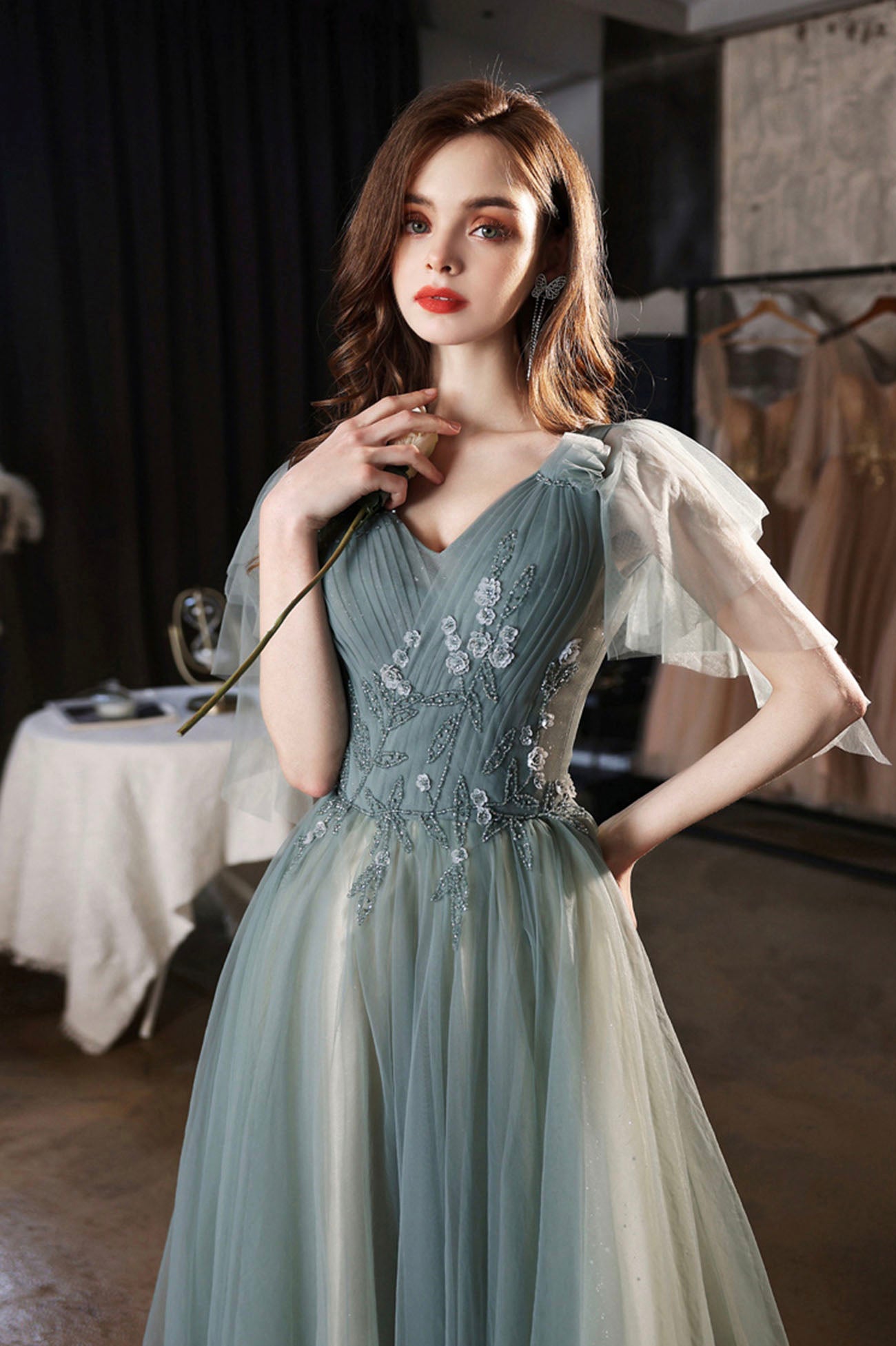 Green V-Neck Tulle Long Prom Dress, Cute A-Line Graduation Dress