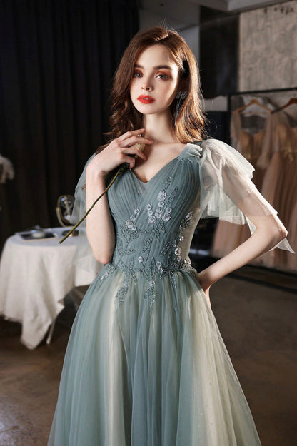Green V-Neck Tulle Long Prom Dress, Cute A-Line Graduation Dress