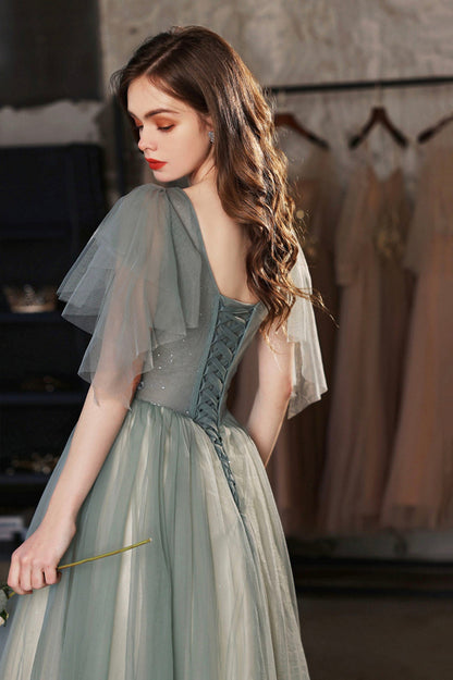 Green V-Neck Tulle Long Prom Dress, Cute A-Line Graduation Dress
