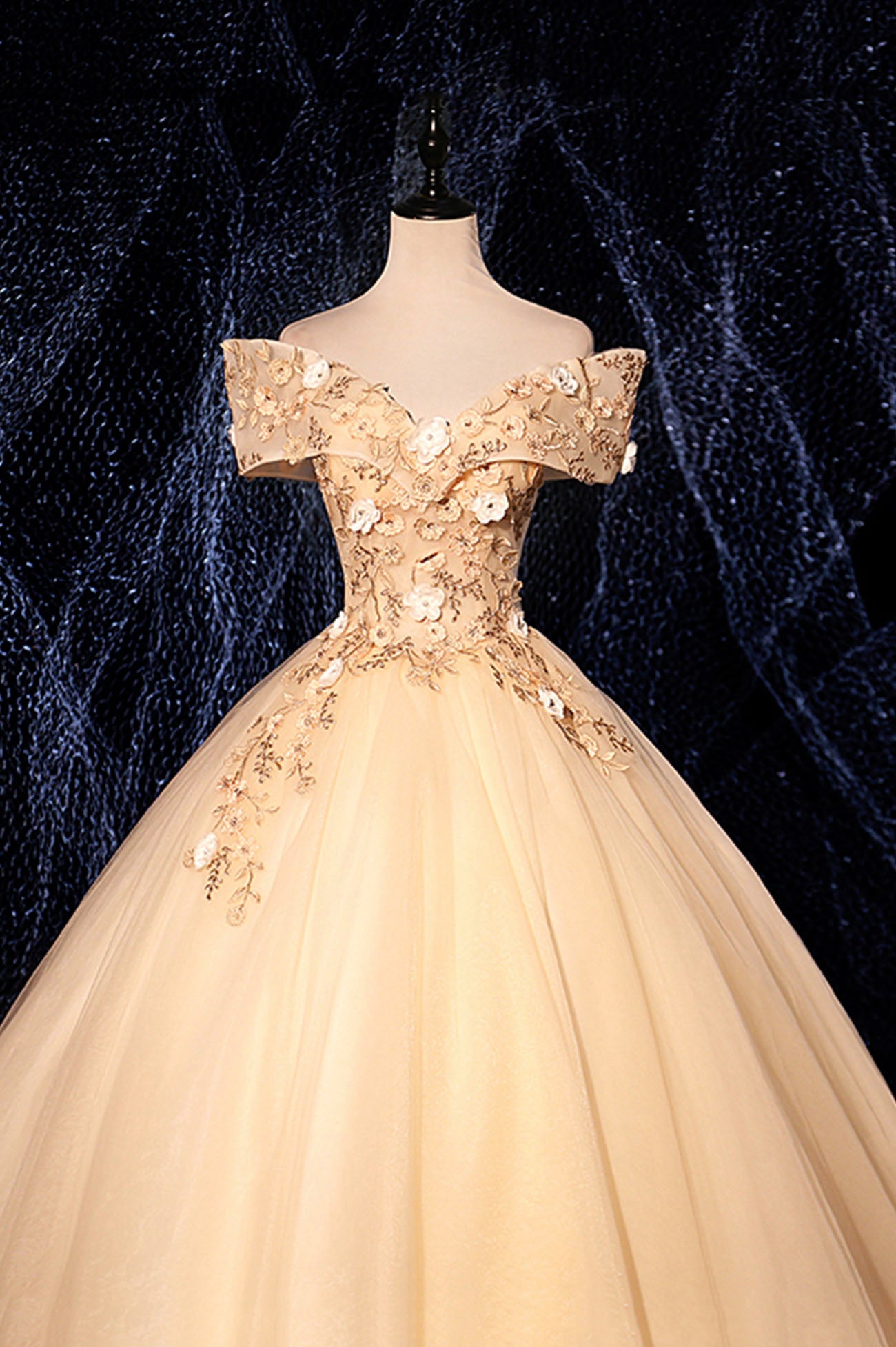 Champagne V-Neck Lace Long Ball Gown, Off the Shoulder Formal Evening Dress