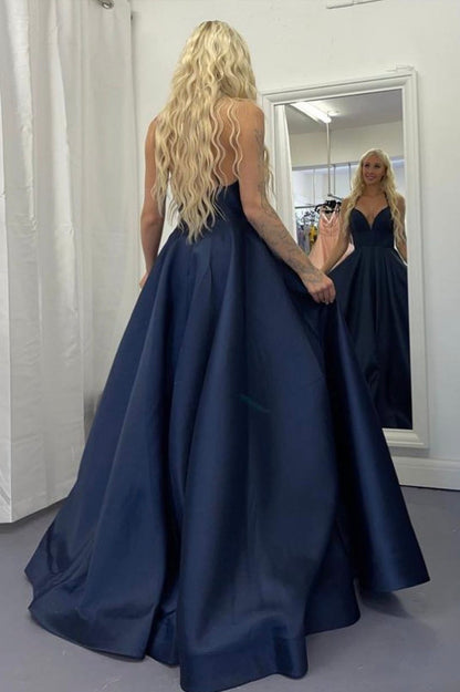 Blue Satin Long A-Line Prom Dress, Simple V-Neck Backless Evening Dress