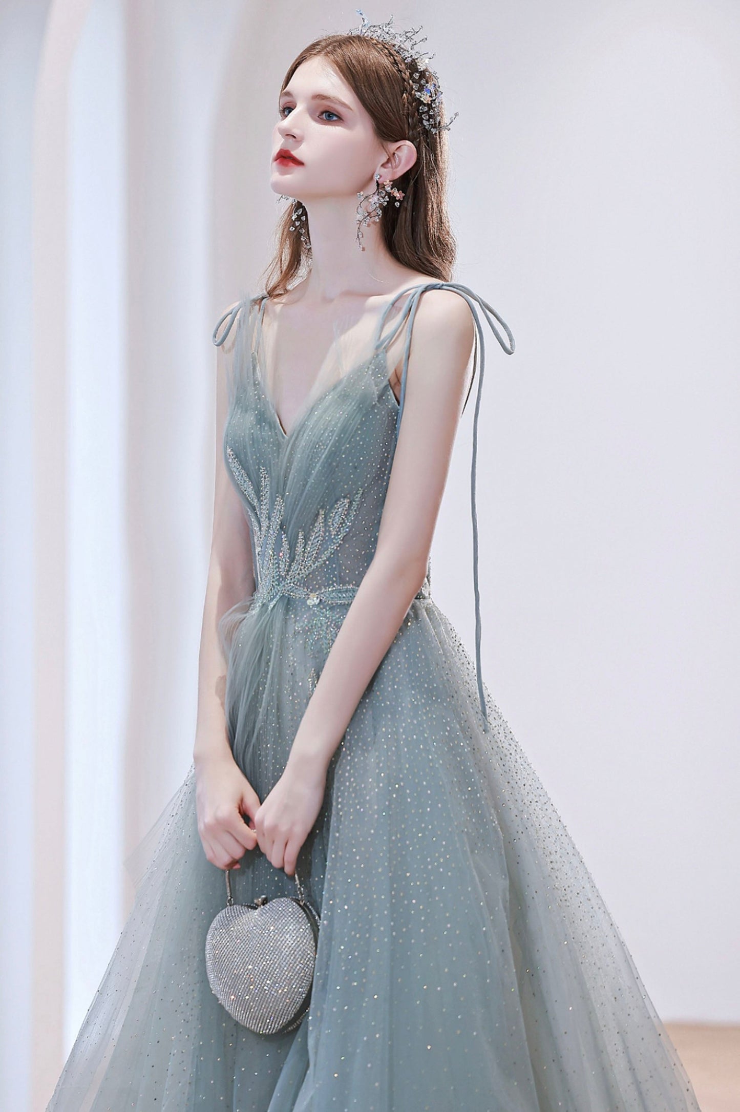 Cute V-Neck Tulle Long Prom Dress, Beautiful Spaghetti Straps Evening Dress