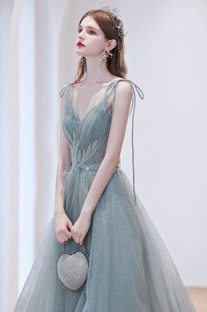 Cute V-Neck Tulle Long Prom Dress, Beautiful Spaghetti Straps Evening Dress