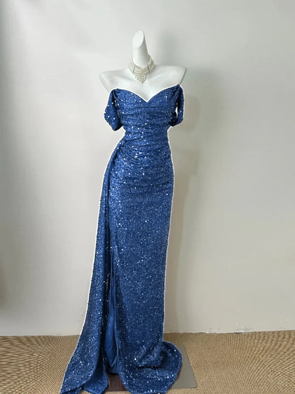 Burgundy Simple Fashionable Elegant Long Sequined Floor-length Sexy Slit Ball Gown Evening Gown Prom Gown gh3728