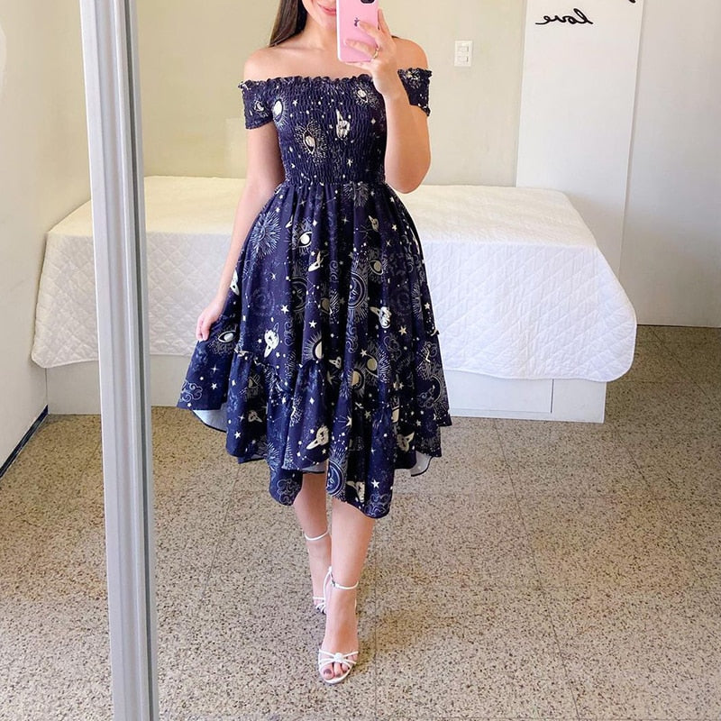 loveedsTM-Sexy Off The Shoulder Tube Top Dress Butterfly Rainbow Floral Print Dress Ladies Elegant Slim Summer Bohemian Party Maxi Dresses