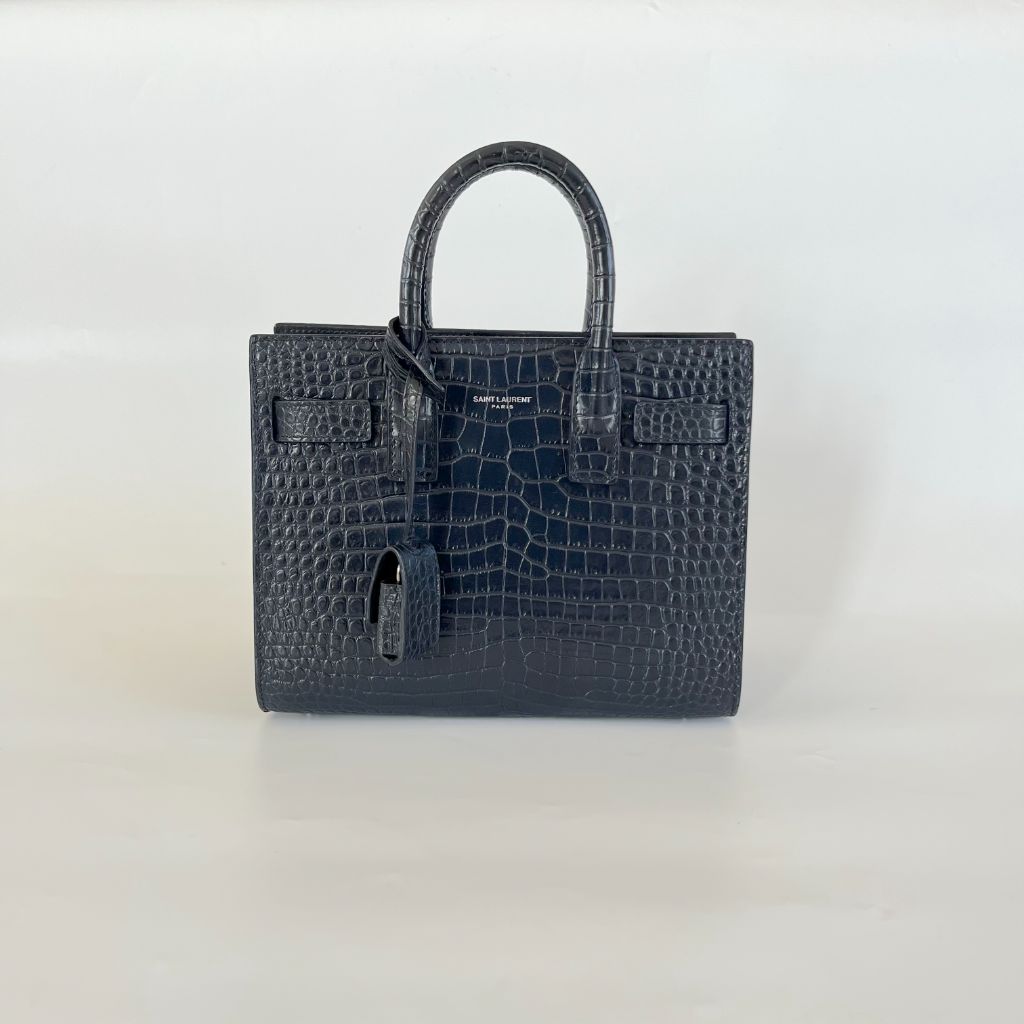 Saint Laurent navy croc embossed shiny leather Nano Sac De Jour bag