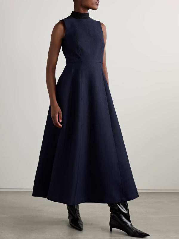 Round Neck Sleeveless Solid Color Midi Dress