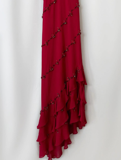 Vintage Burgundy Floral Beaded Ruffles Chiffon Prom Dress Evening Party Gowns SH3536