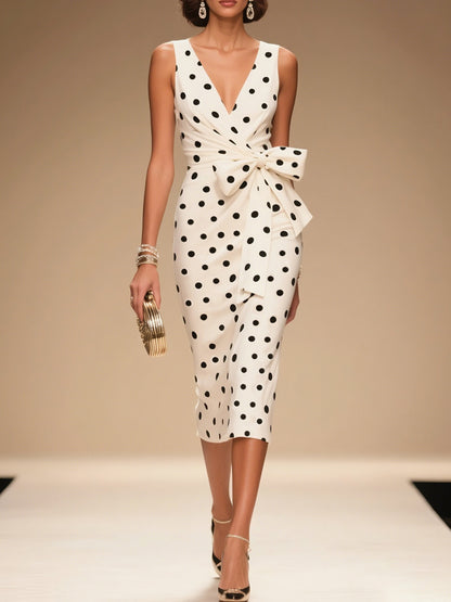Bow Classic V Neck Sleeveless Sheath Midi Dress