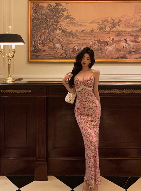 Classy Mermaid Spaghetti Straps Pink Floral Long 18th Birthday Dress Party Gown 21st Birthday Outfits Birthday Dress Ideas For Women DP1313