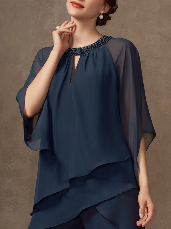 Chiffon Mother Sequin Top Trousers Suit