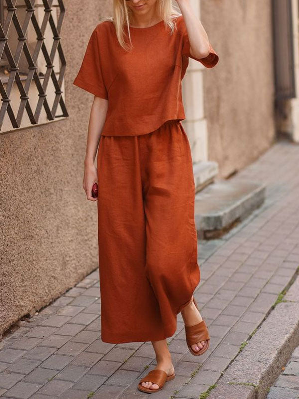 Solid Color Linen Temperament Round Neck Women's Sets