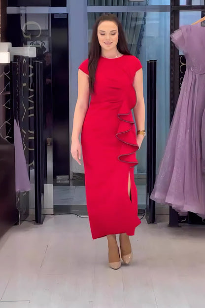 loveedsTM-Solid color short sleeve slit slim dress