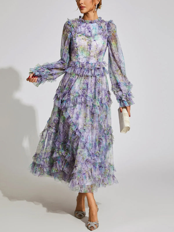 Mesh Printed Long Sleeves Maxi Dress