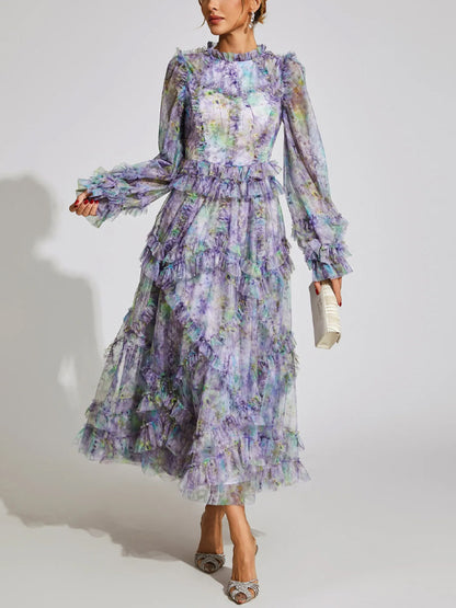 Mesh Printed Long Sleeves Maxi Dress