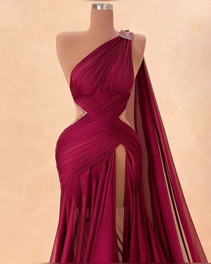 Plum color fashionable one-shoulder sexy elegant long chiffon Prom Dress evening dress gh5039