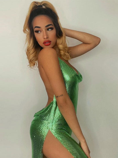 loveedsTM- Summer Clothes Bling Glitter Women Halter Mini Dress Side Slit Backless Bodycon Sexy Streetwear Party Club Festival