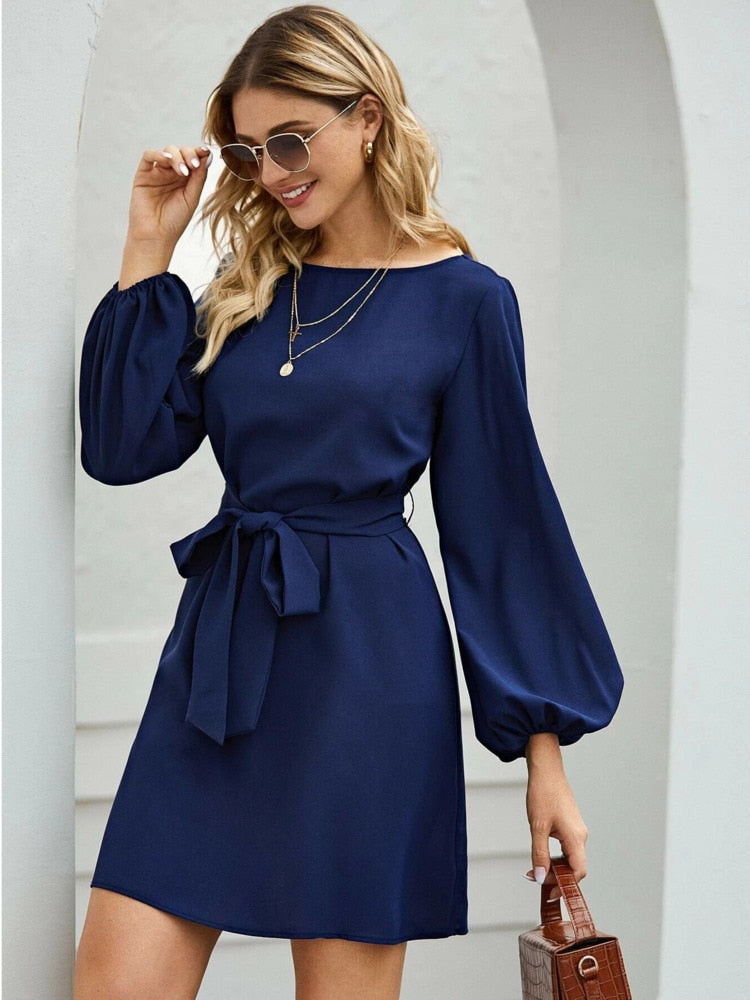 loveedsTM-Women Midi Dress Fashion Comfortable Atmosphere Drawstring Lantern Sleeve Mini A-line Skirt Dress Summer New