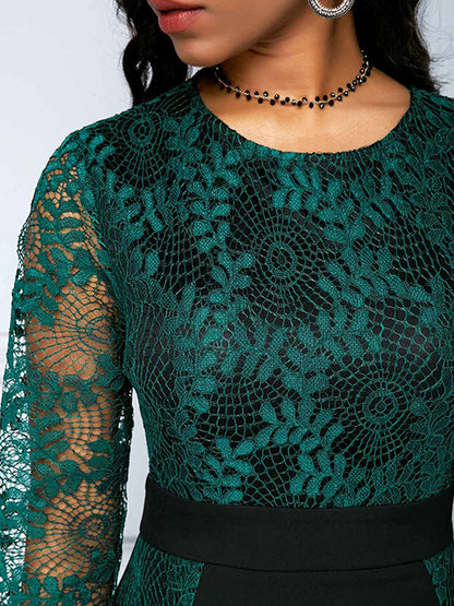 Round Neck High Waist Lace Stitching Package Hip Fishtail Dress