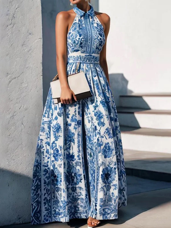 A-Line Loose Flower Print Split-Joint Lapel Maxi Dress