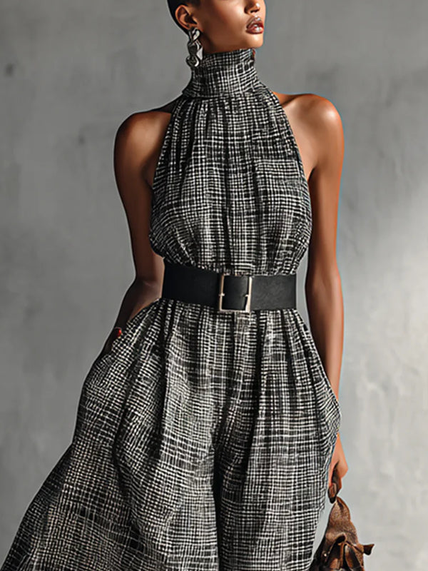 High Collar Plaid Temperament Cotton and Linen Women's Dress