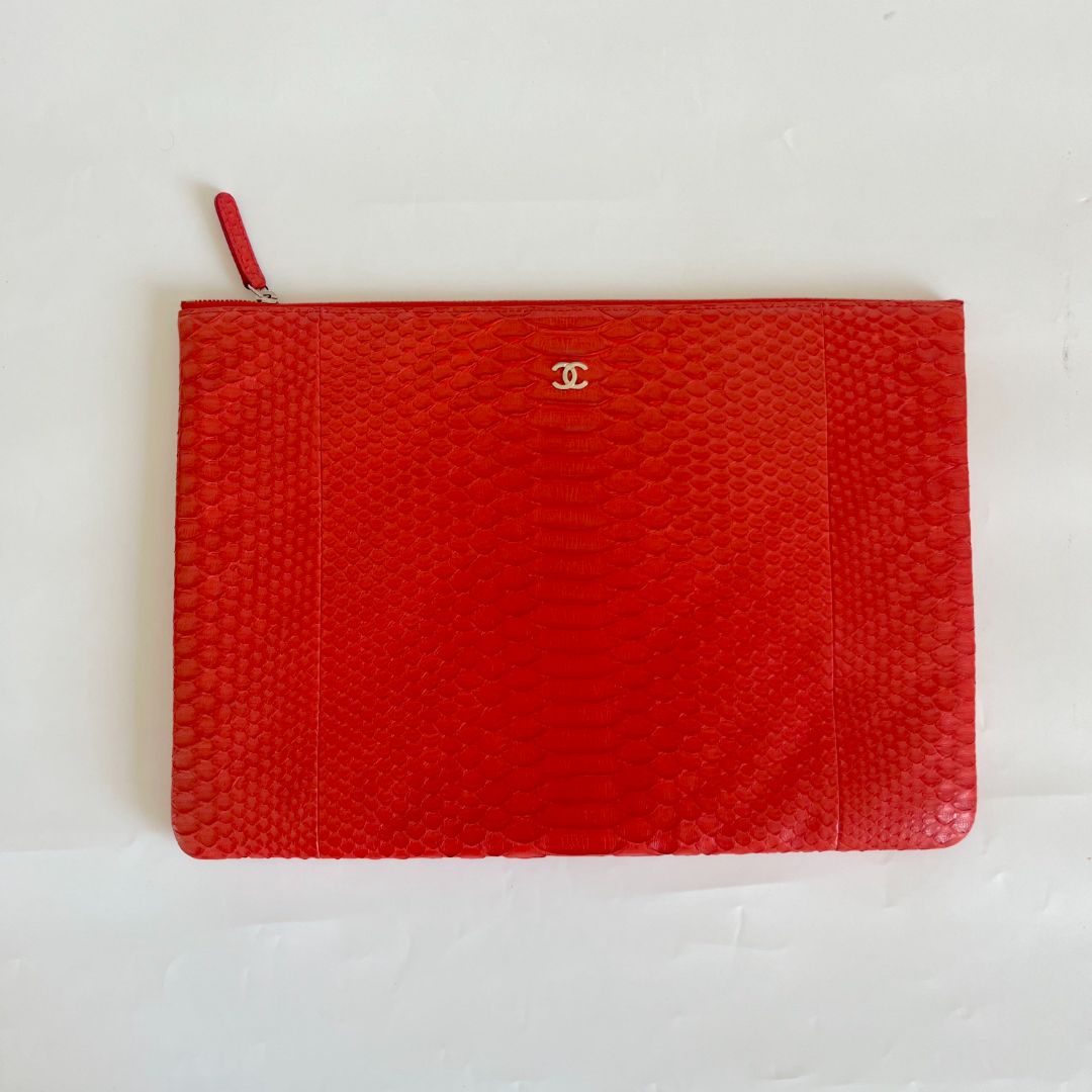 Chanel red python large zip pouch