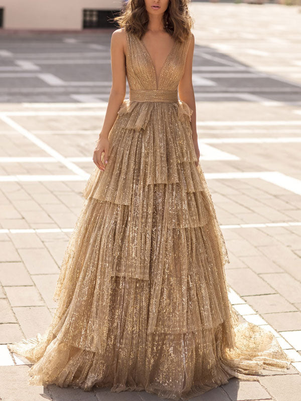 Sequin Sleeveless Printed Tulle Gown