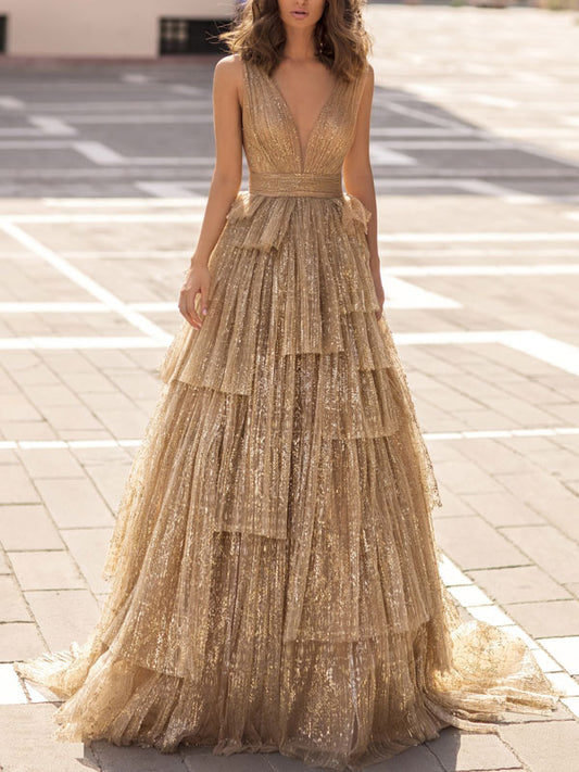 Sequin Sleeveless Printed Tulle Gown