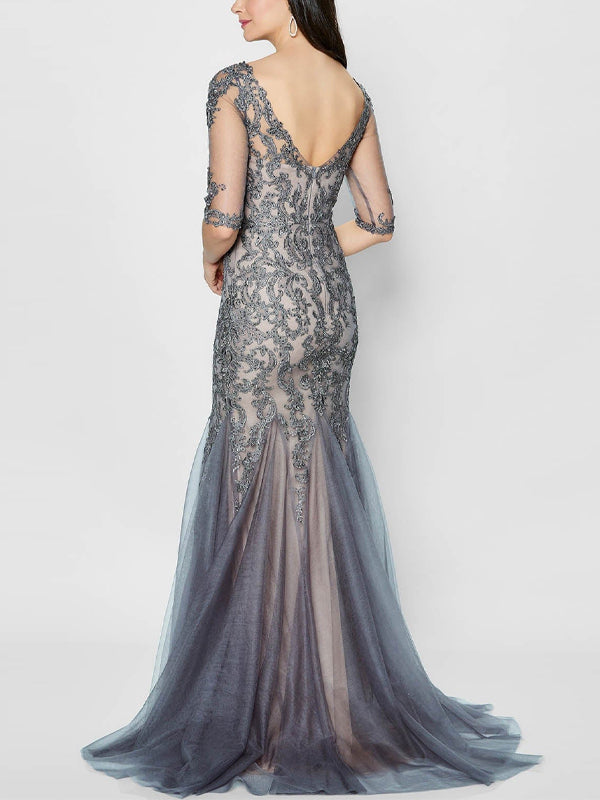 Round Neck Lace Mesh Maxi Dress