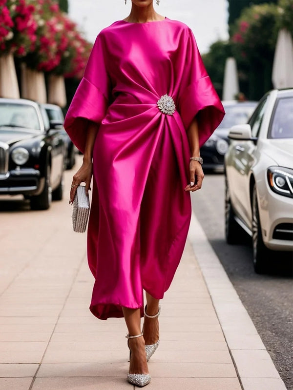Solid Color Round Neck Silk Midi Dress
