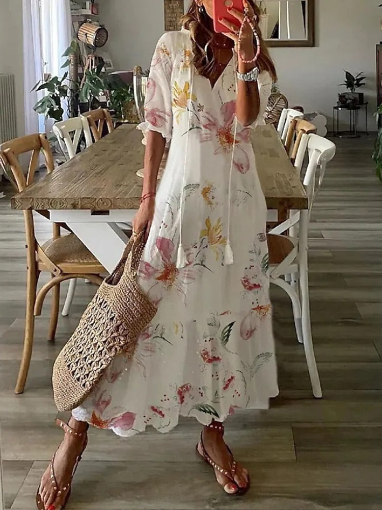 loveedsTM-Summer Fashion Floral Print Holiday Long Dress Casual Loose Drawstring Half Sleeve Dress Women V Neck Chic Ruffled Boho Dresses