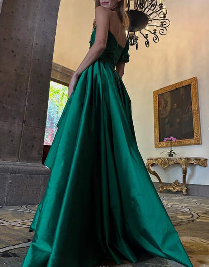 Gentle Green A Line One Shoulder Satin Long Prom Dress Evening Dress SH2502
