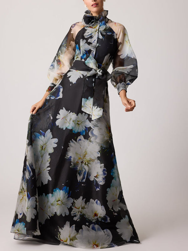Organza Floral Printed Ruffle Neck Gown