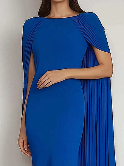 Evening Formal Dress Blue Round Neck Cape Mermaid Floor-Length Gown