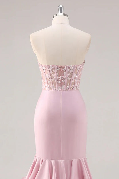 Blush Mermaid Strapless Corset Tiered Long Prom Dress with Slit Graduation Dresses DP525