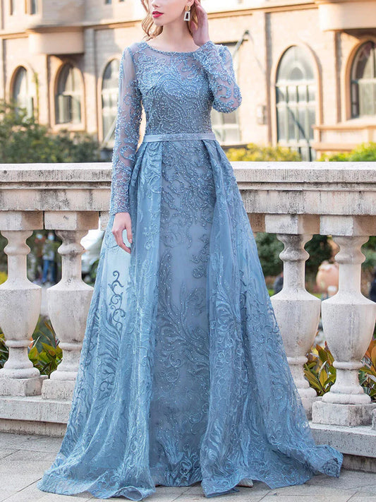 Round Neck Lace Long Sleeves Maxi Dress