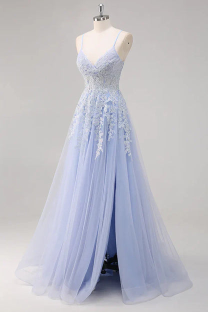 Pretty A Line Spaghetti Straps Tulle Beaded Long Prom Dress with Slit Graduation Dresses DP527