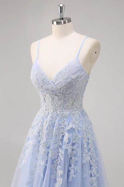 Pretty A Line Spaghetti Straps Tulle Beaded Long Prom Dress with Slit Graduation Dresses DP527