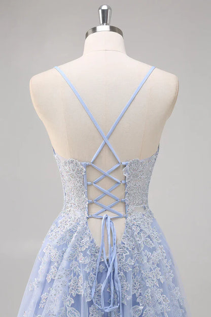 Pretty A Line Spaghetti Straps Tulle Beaded Long Prom Dress with Slit Graduation Dresses DP527