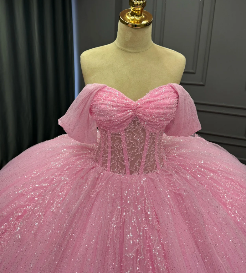 Charming Ball Gown Off-The-Shoulder Appliques Pink Tulle Sweet 16 Dress, Quinceanera Dress SH3038