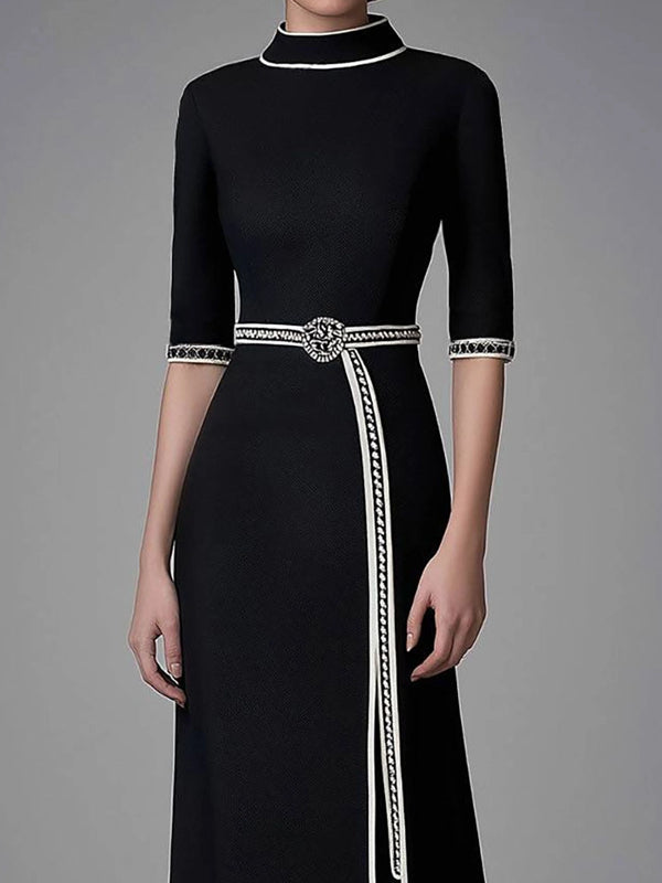 Elegant Black Slit Dress Funnel Neck Half-Sleeve Maxi Dress