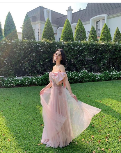 Pink Off The Shoulder Prom Dress Fairy Evening Dress SH1095