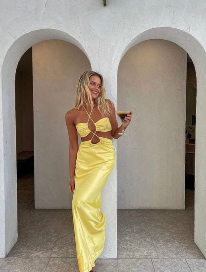 Unique Sheath Spaghetti Strap Yellow Satin Open Back Prom Dress Evening Dress SH2320